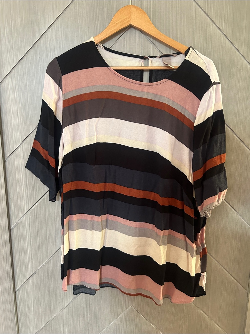 H&M Striped Short Sleeve Blouse in Black, Pink, Rust, Cream
